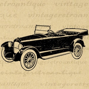 May include: Black and white silhouette of a vintage car with a convertible top. The car has a spare tire on the back and a windshield.
