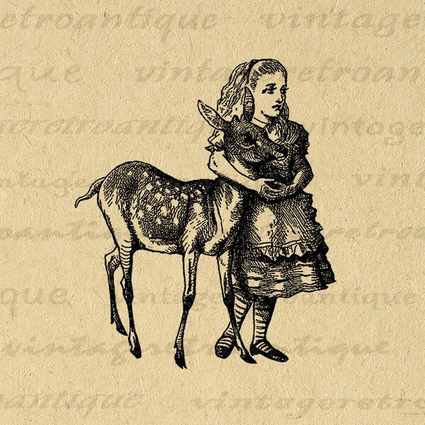 Alice with Fawn Image Printable Digital Alice in Wonderland Graphic Download Vintage Clip Art for Transfers etc 300dpi No.1402