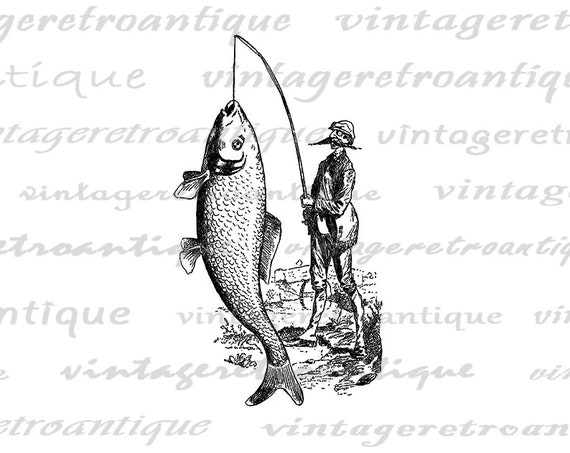 Fisherman Catching Big Fish Printable Graphic Fishing Digital Image Download  Vintage Clip Art for Transfers Prints Etc 300dpi No.4228 