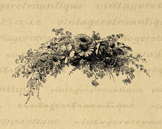 Printable Flower Banner Digital Image Instant Download Pretty Floral Illustration Antique Vintage Artwork for Transfers etc No.3765