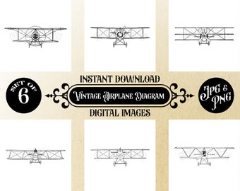 Vintage Airplane Diagrams - Set of 6 Digital Prints, Instant Download, JPG/PNG, 12x12, Wall Decor, Nostalgic Aviation, Clear Background