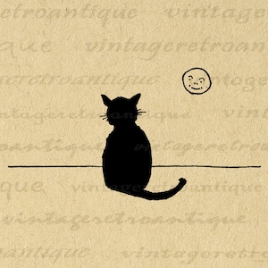 Digital Printable Cat and Moon Download Kitten Illustration Cat Graphic Image Vintage Clip Art for Transfers etc 300dpi No.3413