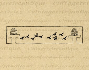 Bees and Honeypots Printable Image Graphic Bee Banner Bees Digital Image Download Vintage Clip Art for Transfers etc 300dpi No.3399