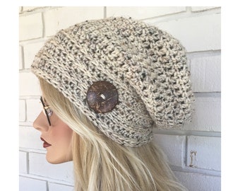 Seagrass Tan Slouchy Beanie with coconut button Bohemian Chic Hand Crocheted Hat womens fall autumn winter fashion accessories