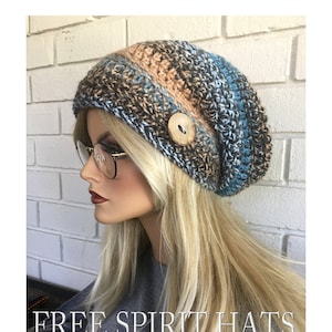 Boho Slouchy hat, Tan and blue Stripes Slouchy Beanie, Winter Hat, Women's Accessories, Gifts for teens, Slouchy hat with Button, crocheted