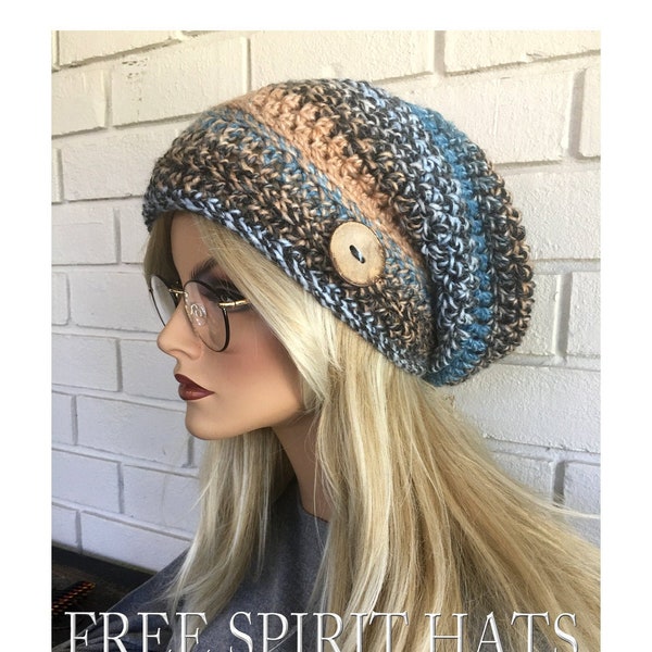 Boho Slouchy hat, Tan and blue Stripes Slouchy Beanie, Winter Hat, Women's Accessories, Gifts for teens, Slouchy hat with Button, crocheted