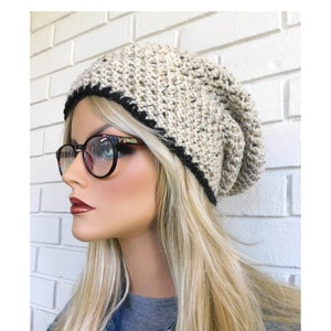 Tan Tweed Slouchy Beanie, Bohemian Chic Hand Crocheted Hat womens fall autumn winter fashion accessories