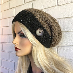 Black and Tan Tweed Slouchy Beanie, Bohemian Chic Hand Crocheted Hat womens fall autumn winter fashion accessories