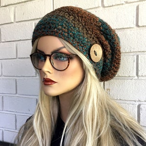 Boho Chic Woodland Colors Slouchy Beanie Hat  Hand Crocheted Natural Coconut Button   Womens Fashion Accessories