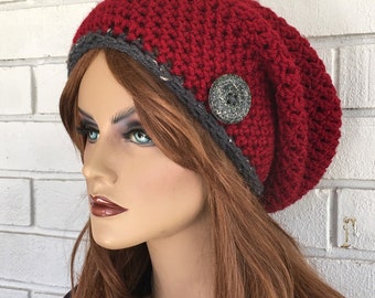 Red Slouchy hat, Boho Fashion, Slouchy Beanie, Red with gray trim, Women's Accessories, Gifts for teens, Handmade Crocheted
