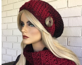 Red Oversized Slouchy Beanie, Chunky Beanie, Knit Hat, Women's Slouchy Beanie, Crocheted Hat, Red & Black, Winter Fashion Accessory,