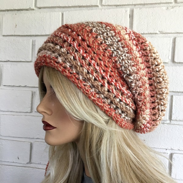 Boho Winter Hat, Slouchy hat, Pastel colors,  coral and tan, oversize slouchy hat, Warm hat, Winter Accessories,