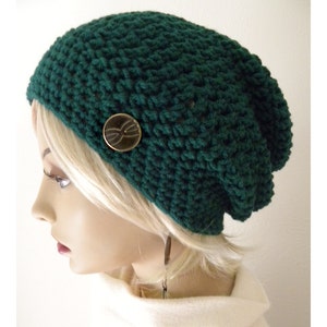 Boho Slouchy Beanie, hat, Emerald Green, Button, Emerald Green Hat, Crocheted Hat Women, Teens Sale image 4