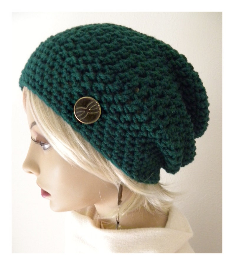 Boho Slouchy Beanie, hat, Emerald Green, Button, Emerald Green Hat, Crocheted Hat Women, Teens Sale image 4