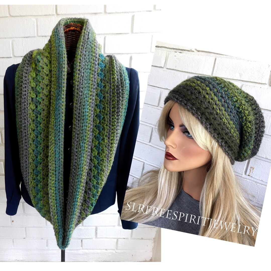 Infinity Scarf and Hat Set, Green Stipes, Warm Winter Scarf, Handmade