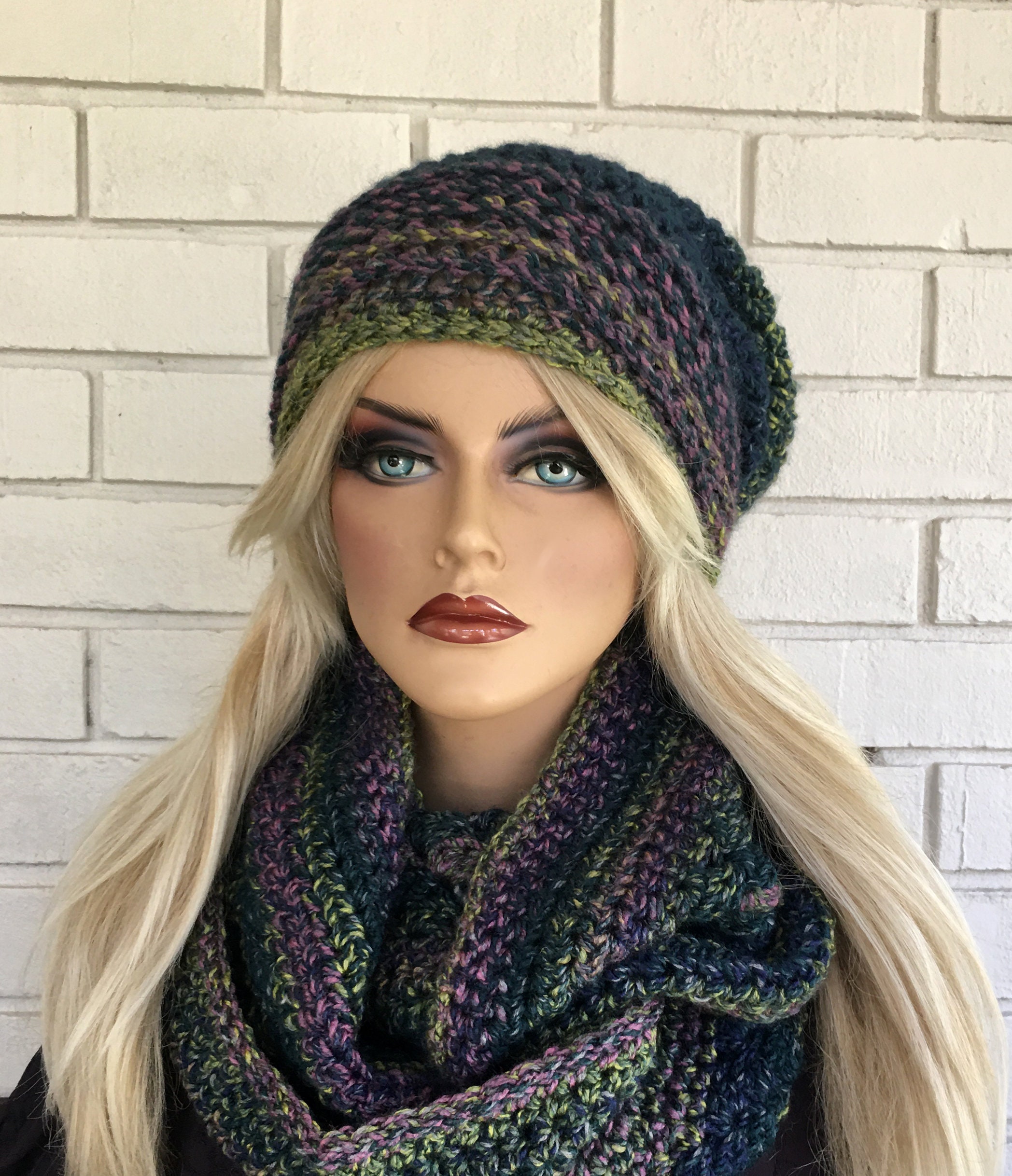Crochet demi-season hat shawl set Beanie hat Triangle fringes scarf Crochet  wrap Colored winter autumn spring set Handmade gift for her - Winter Hats