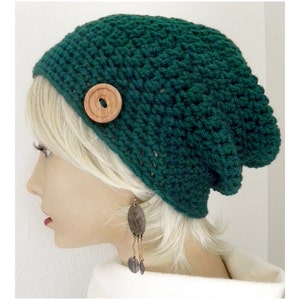 Boho Slouchy Beanie, hat, Emerald Green, Button, Emerald Green Hat, Crocheted Hat Women, Teens Sale image 1