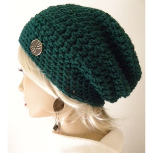 Boho Slouchy Beanie, hat, Emerald Green, Button, Emerald Green Hat, Crocheted Hat Women, Teens Sale image 3