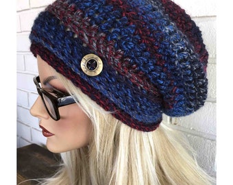 Slouchy Beanie Hat, Chunky Winter Hat, Women's Slouchy Hat, Slouch Hat, Hat with Button, Blue and red stripes, gift for women