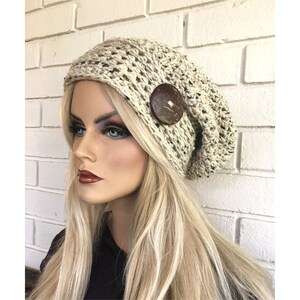 Beige Tweed Slouchy Beanie with coconut button Bohemian Chic Hand Crocheted Hat womens fall autumn winter fashion accessories