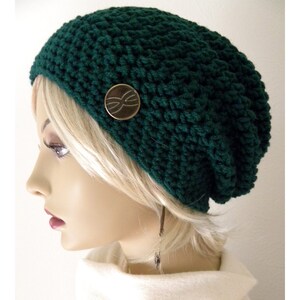 Boho Slouchy Beanie, hat, Emerald Green, Button, Emerald Green Hat, Crocheted Hat Women, Teens Sale image 2