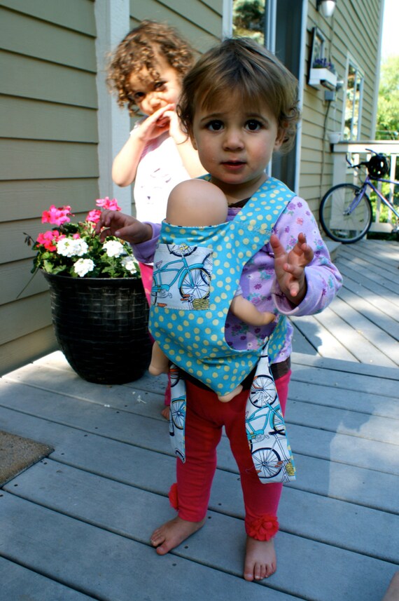 Items similar to Reversible doll carrier with bicycle print/ blue and