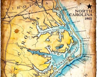 North Carolina Coast Map Art c.1862 11 x 15 +- Hand Drawn Carolina Map - North Carolina - Tarheels - Outer Banks - Wilmington - Cape Lookout