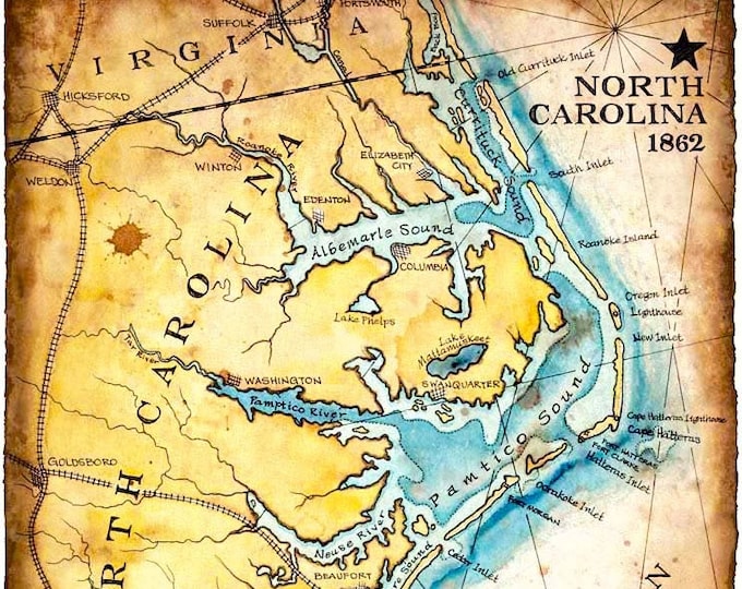 North Carolina Coast Map Art C.1862 11 X 15 Hand Drawn Carolina Map