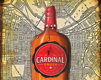 Cardinal Crush Bourbon Art Print, 11" x 15" o 16" x 22", Kentucky Bourbon, Louisville Cardinals, Ohio River, Louisville Map, U of L, Mapas