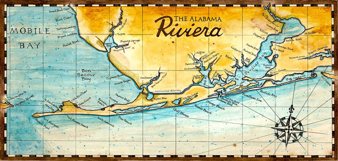 The Alabama Riviera Alabama Coast Map Map Art Hand Drawn Etsy