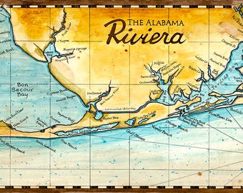 The Alabama Riviera; Alabama Coast Map; Map Art; Hand Drawn; Gulf Shores; Orange Beach; Fort Morgan; Perdido Key; Florabama; Old Maps