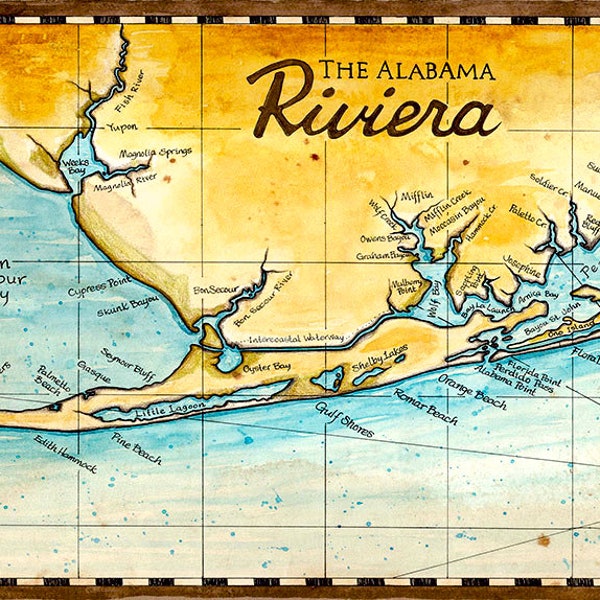 The Alabama Riviera; Alabama Coast Map; Map Art; Hand Drawn; Gulf Shores; Orange Beach; Fort Morgan; Perdido Key; Florabama; Old Maps