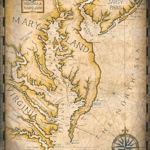Chesapeake Bay-kaartkunstwerk c. 1670, kaart 11" x 15" + Virginia, kaart Maryland, Atlantische Oceaan - Baltimore, DC, kaarten, Potomac-rivier, oostkust