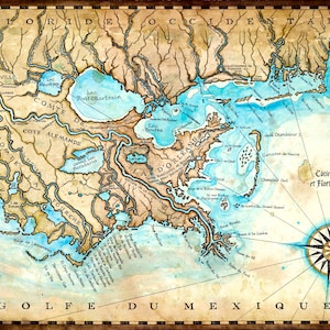 Art de carte des côtes de la Louisiane, du Mississippi et de l'Alabama c.1809 - Art de carte dessiné à la main - La Nouvelle-Orléans - Mobile - Biloxi - Fleuve Mississippi - Cartes anciennes