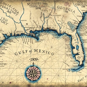 Mapa artístico del sureste de la Costa del Golfo, 1809, 34,5 x 48,2 cm o más, mapas y grabados antiguos, mapas, mapa antiguo de Florida, mapa antiguo de Texas, mapa náutico de la costa de Florida