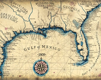 Gulf Coast 1809 Southeast Map Art, 13.5" x 19"+, Old Maps and Prints, Maps, Old Map of Florida, Old Map of Texas, Florida Coast Nautical Map