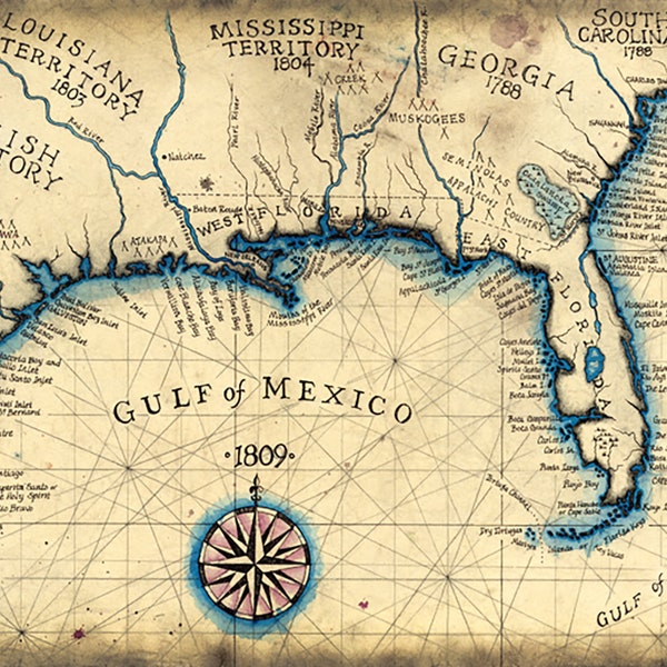 Gulf Coast 1809 Southeast Map Art, 13.5" x 19"+, Old Maps and Prints, Maps, Old Map of Florida, Old Map of Texas, Florida Coast Nautical Map