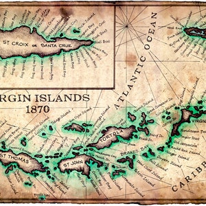 Impressão artística do mapa das Ilhas Virgens c.1780 - 11" x 17" - St. John - St. Croix - Virgin Gorda - Anegada - Ilhas Virgens - BVI - USVI - Mapas de ilhas