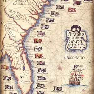 Pirates of the South Atlantic States Art Print 11 x 14 , Hand Drawn Artwork, Pirate Prints, Pirate Flags, Blackbeard, Pirate Ships, Pirates