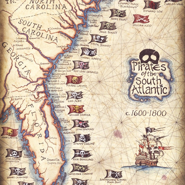 Pirates of the South Atlantic States Art Print 11 x 14 , Hand Drawn Artwork, Pirate Prints, Pirate Flags, Blackbeard, Pirate Ships, Pirates