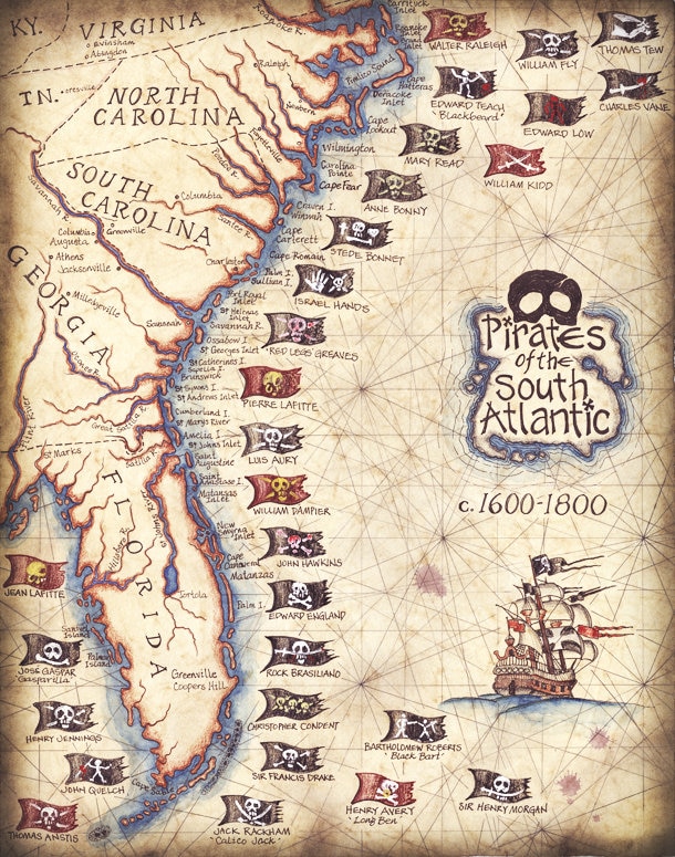 Pirates of the South Atlantic States Art Print 11 x 14 , Hand Drawn Artwork, Pirate Prints, Pirate Flags, Blackbeard, Pirate Ships, Pirates