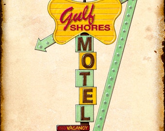 Gulf Shores Motel Sign Art; Hand Drawn Artwork; Retro Motel Sign; Gulf Shores AL; Alabama Coast