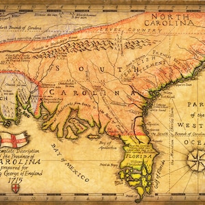 Carte de la Caroline, art. 1715 - Cartes dessinées à la main - Ancienne carte des Carolines - Cartes de Floride - Caroline du Sud - Caroline du Nord - Virginie
