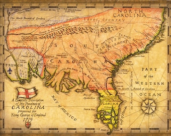 Carolina Map Art c. 1715 - Hand Drawn Maps - Early Map of the Carolinas - Maps of Florida - South Carolina - North Carolina - Virginia