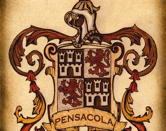 Pensacola spanischen Wappen Grafik - Wappen - Pensacola Florida - Spanien - 1559 - Florida - spanische Flagge - spanische Artwork - Achusa - Karten