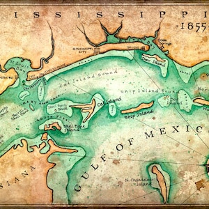 Mapa artístico de la costa de Misisipi, c. 1855 - 28 x 43 cm y más - Dibujo a mano - Biloxi - Ocean Springs - Gulfport - Horn Island - Costa de Misisipi