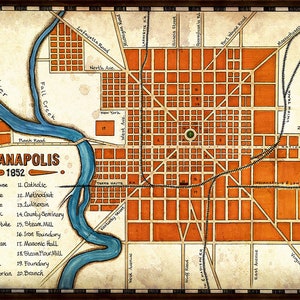 Indianapolis kaart Art c. 1852, Indianapolis, oude stijl kaart, met de hand getekend en verouderd, Indiana, Indiana kaart, Union Station