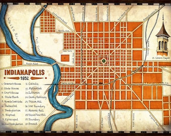 Indianapolis Map Art c.1852, Indianapolis, Old Style Map, Hand Drawn and Aged, Indiana, Indiana Map, Union Station