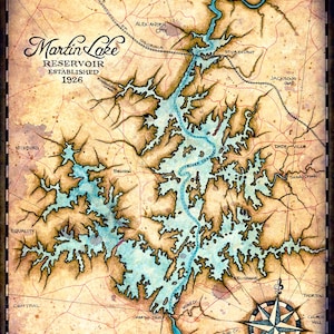 Carte du lac Martin v. 1930 - Oeuvres d'art dessinées à la main - 30,5 x 30,5 cm et plus - Lake Martin Alabama - Tallapoosa River - Alexander City - Dadeville