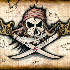 Chompers - tête de mort et épées de pirate 11 x 17+, oeuvre de pirate - pirates - Jolly Rogers - tête de mort de pirate - impressions de pirate - cartes au trésor - têtes de mort